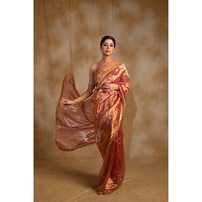 PRIYANKA RAAJIV Teej Pink Gold Silk Tissue Saree with Unstitched Blouse