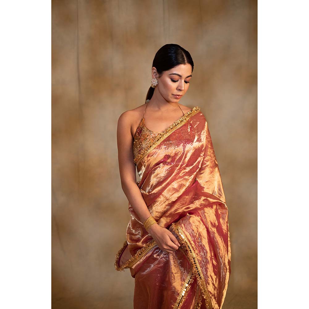 PRIYANKA RAAJIV Teej Pink Gold Silk Tissue Saree with Unstitched Blouse