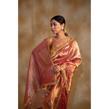 PRIYANKA RAAJIV Teej Pink Gold Silk Tissue Saree with Unstitched Blouse