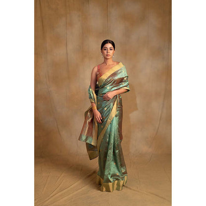 PRIYANKA RAAJIV Harela Persian Green Silk Chanderi Saree with Unstitched Blouse