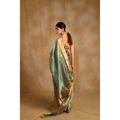 PRIYANKA RAAJIV Harela Persian Green Silk Chanderi Saree with Unstitched Blouse