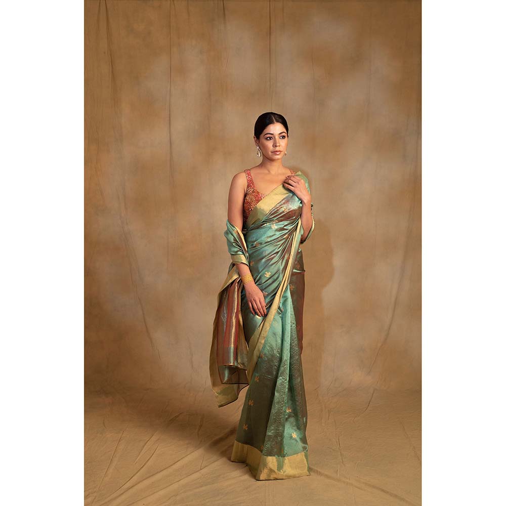 PRIYANKA RAAJIV Harela Persian Green Silk Chanderi Saree with Unstitched Blouse