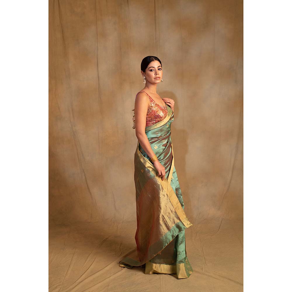 PRIYANKA RAAJIV Harela Persian Green Silk Chanderi Saree with Unstitched Blouse