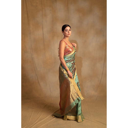 PRIYANKA RAAJIV Harela Persian Green Silk Chanderi Saree with Unstitched Blouse