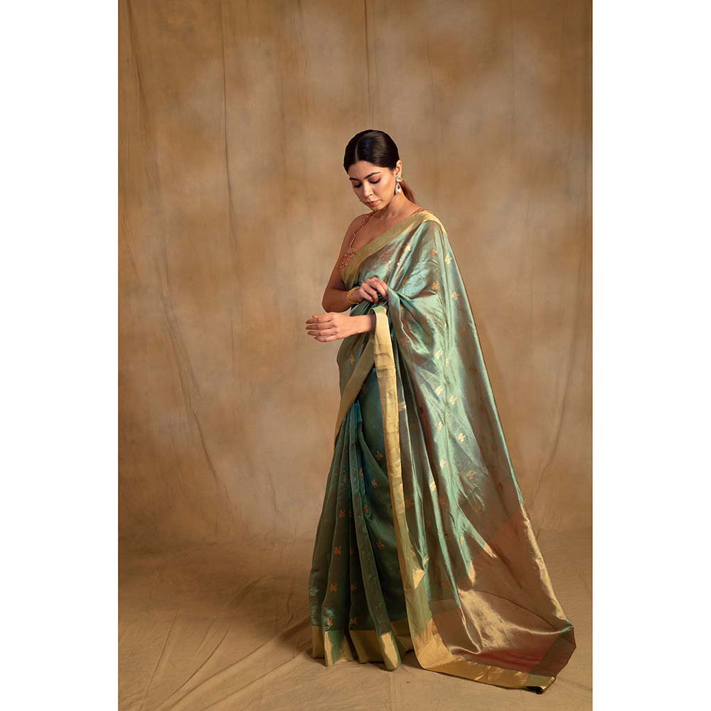 PRIYANKA RAAJIV Harela Persian Green Silk Chanderi Saree with Unstitched Blouse