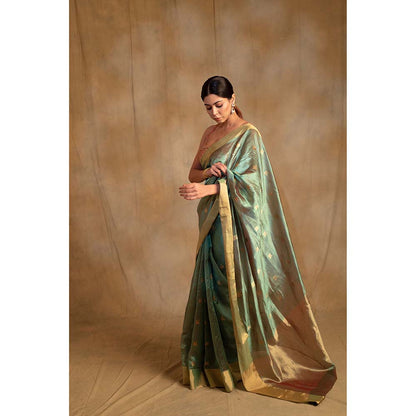 PRIYANKA RAAJIV Harela Persian Green Silk Chanderi Saree with Unstitched Blouse