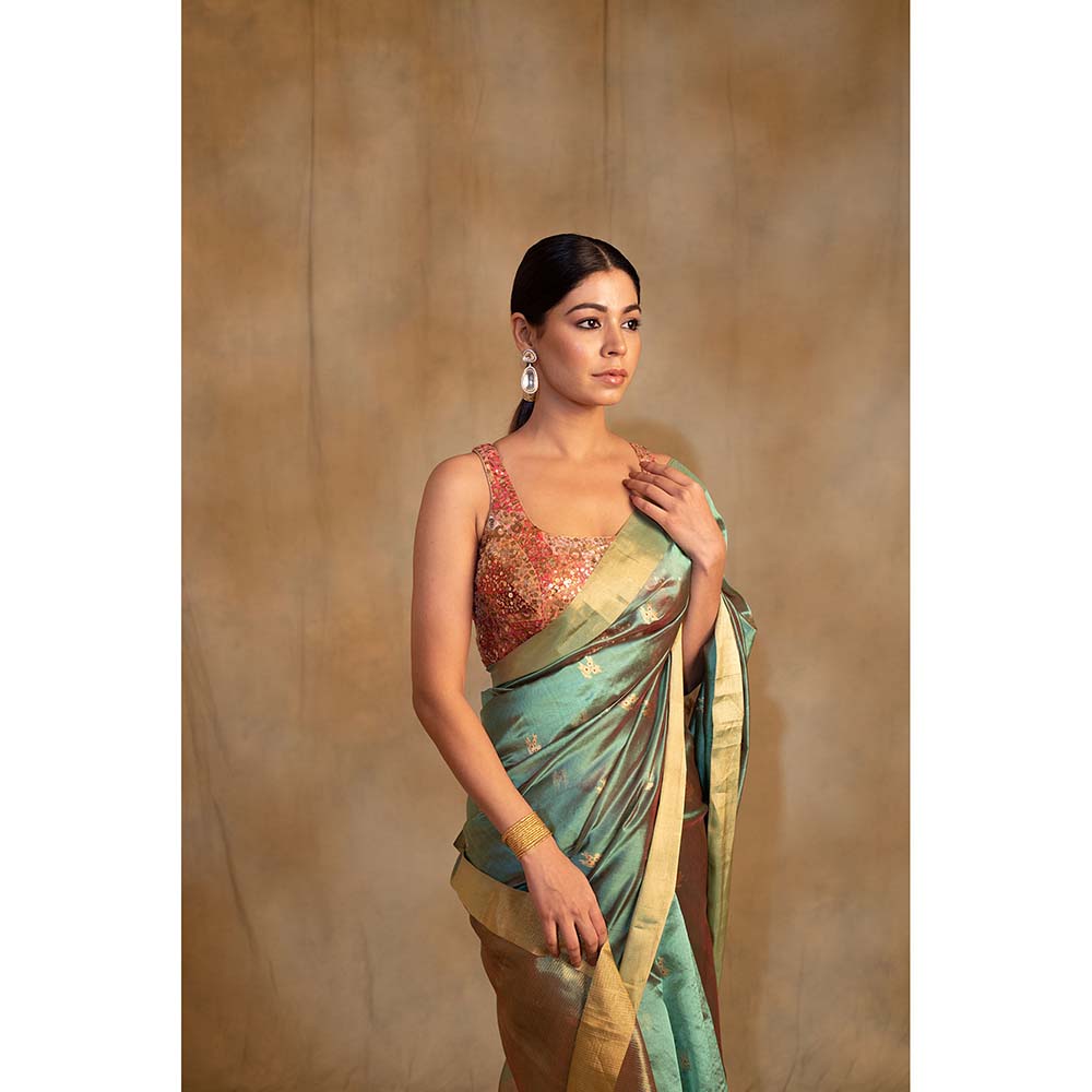 PRIYANKA RAAJIV Harela Persian Green Silk Chanderi Saree with Unstitched Blouse
