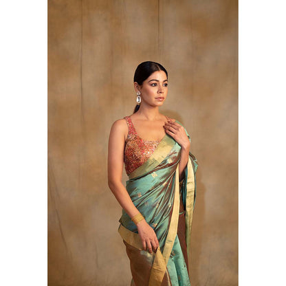 PRIYANKA RAAJIV Harela Persian Green Silk Chanderi Saree with Unstitched Blouse