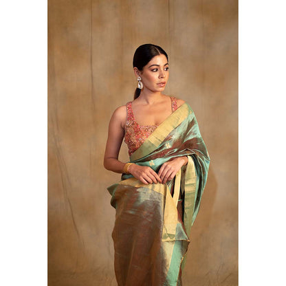 PRIYANKA RAAJIV Harela Persian Green Silk Chanderi Saree with Unstitched Blouse