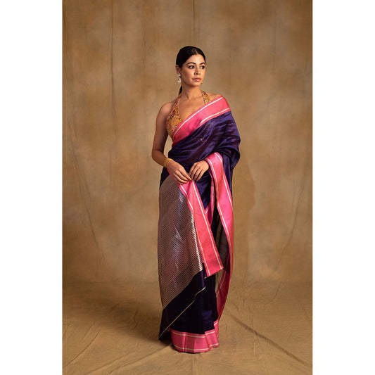 PRIYANKA RAAJIV Vishu Bonnet Blue Silk Chanderi Saree with Unstitched Blouse