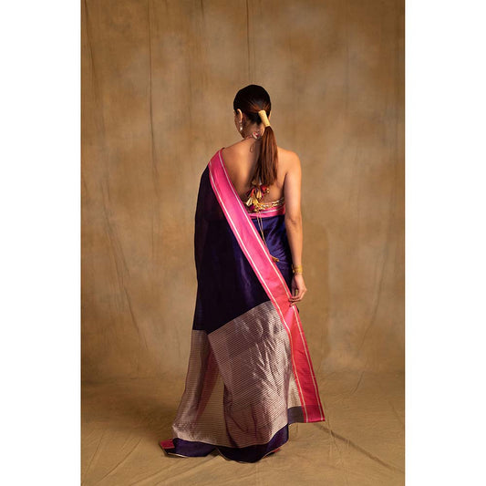 PRIYANKA RAAJIV Vishu Bonnet Blue Silk Chanderi Saree with Unstitched Blouse