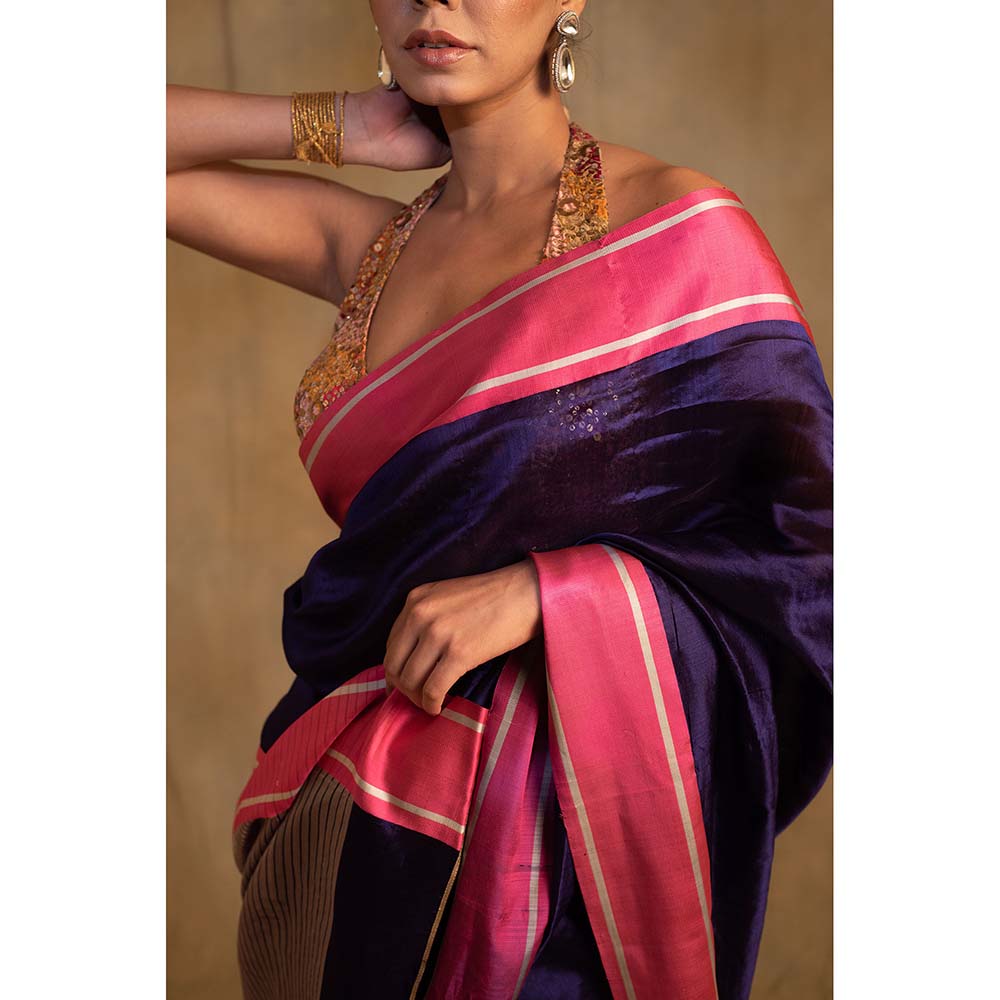 PRIYANKA RAAJIV Vishu Bonnet Blue Silk Chanderi Saree with Unstitched Blouse