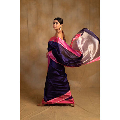 PRIYANKA RAAJIV Vishu Bonnet Blue Silk Chanderi Saree with Unstitched Blouse