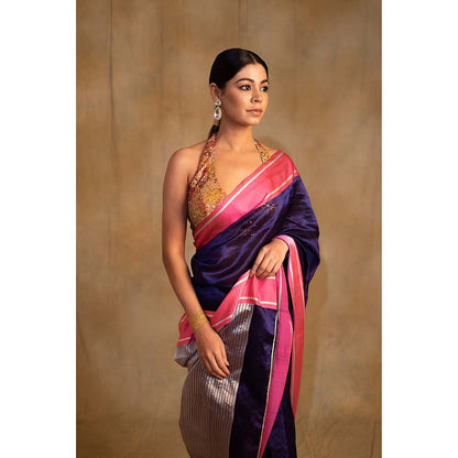 PRIYANKA RAAJIV Vishu Bonnet Blue Silk Chanderi Saree with Unstitched Blouse