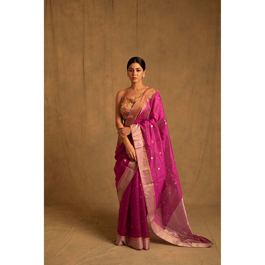 PRIYANKA RAAJIV Dree Periwinkle Pink Chanderi Saree with Unstitched Blouse