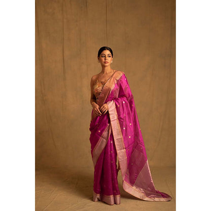 PRIYANKA RAAJIV Dree Periwinkle Pink Chanderi Saree with Unstitched Blouse