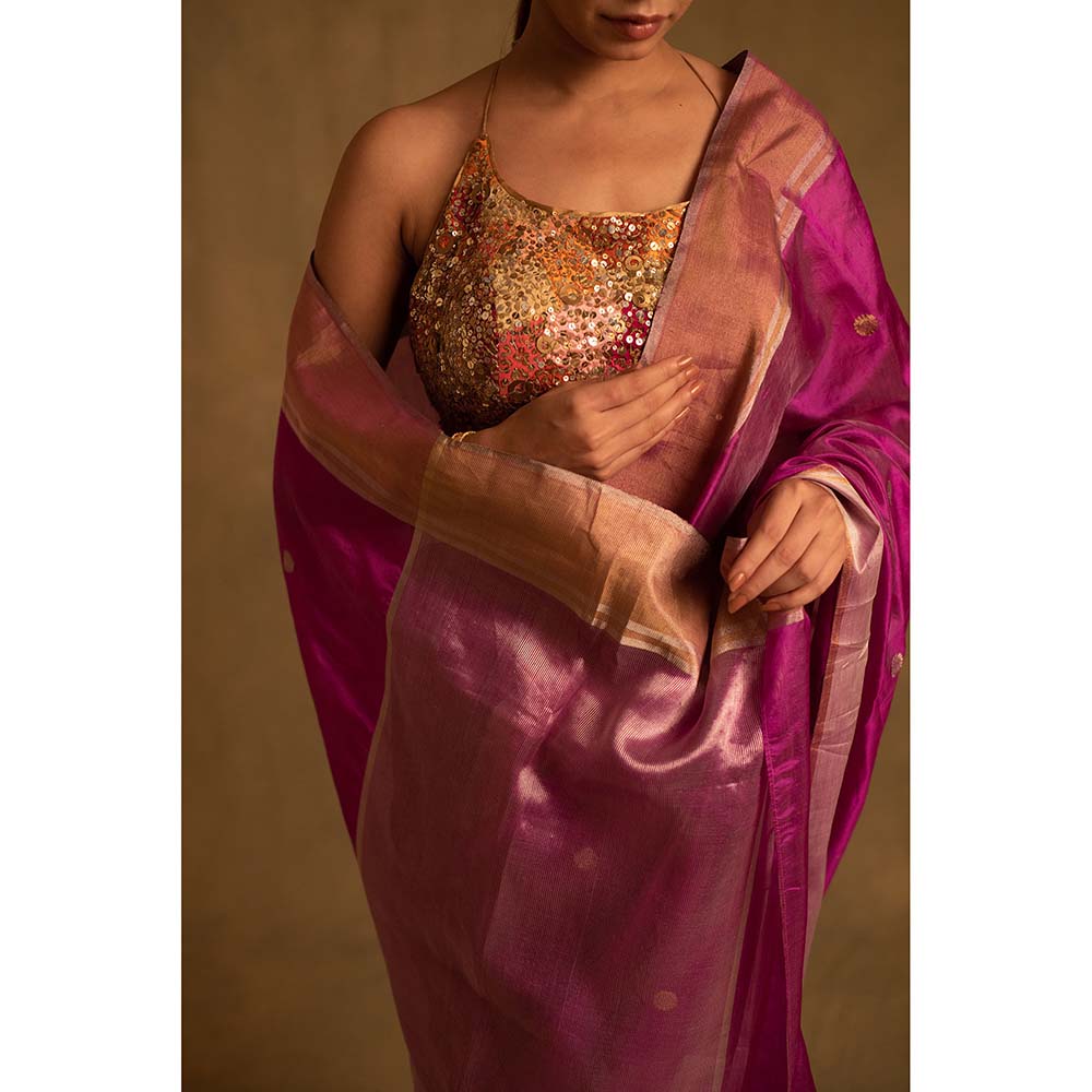 PRIYANKA RAAJIV Dree Periwinkle Pink Chanderi Saree with Unstitched Blouse