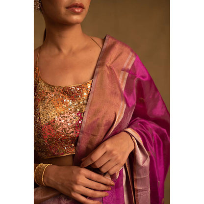 PRIYANKA RAAJIV Dree Periwinkle Pink Chanderi Saree with Unstitched Blouse