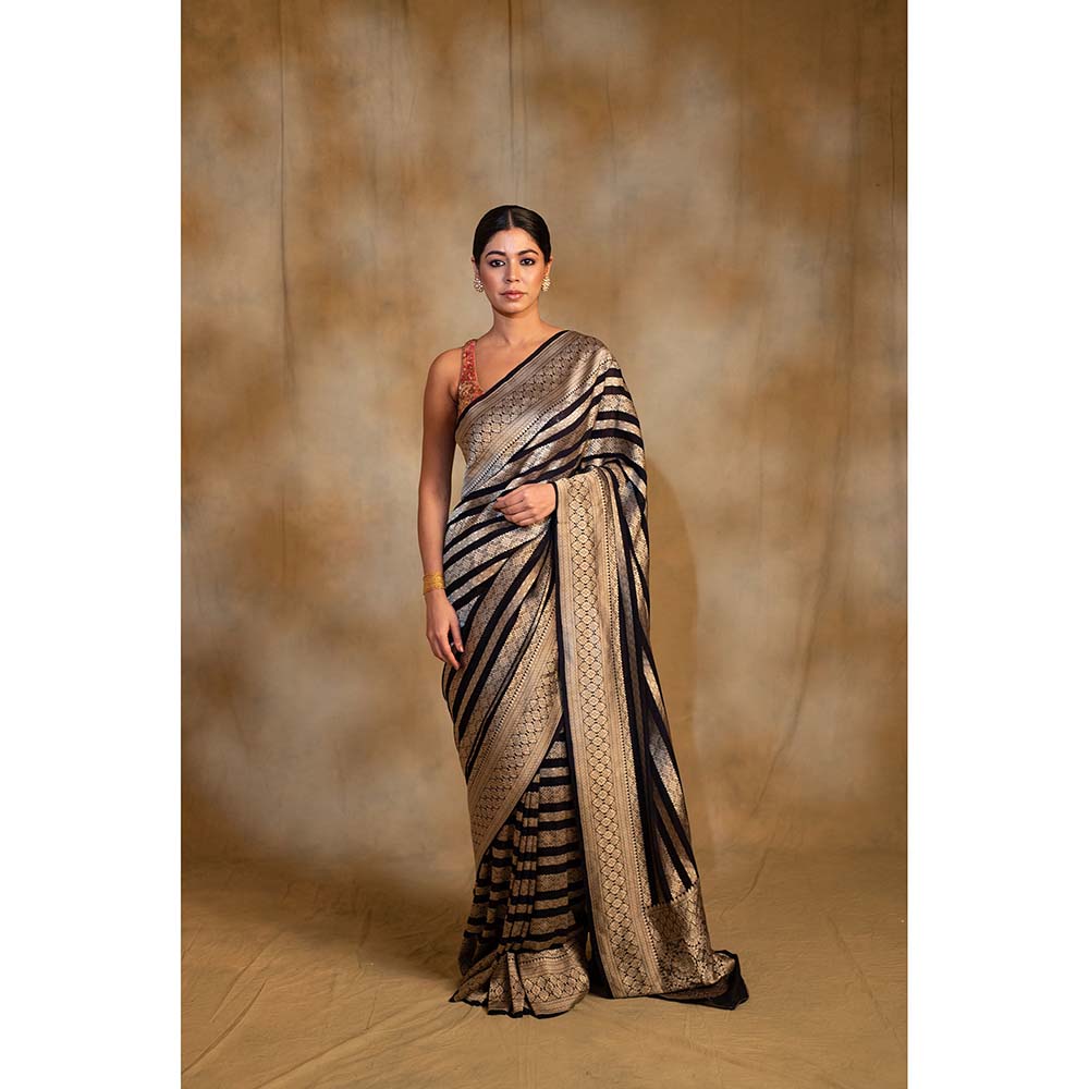 PRIYANKA RAAJIV Chaitra Navy Blue Silk Banarasi Saree with Unstitched Blouse
