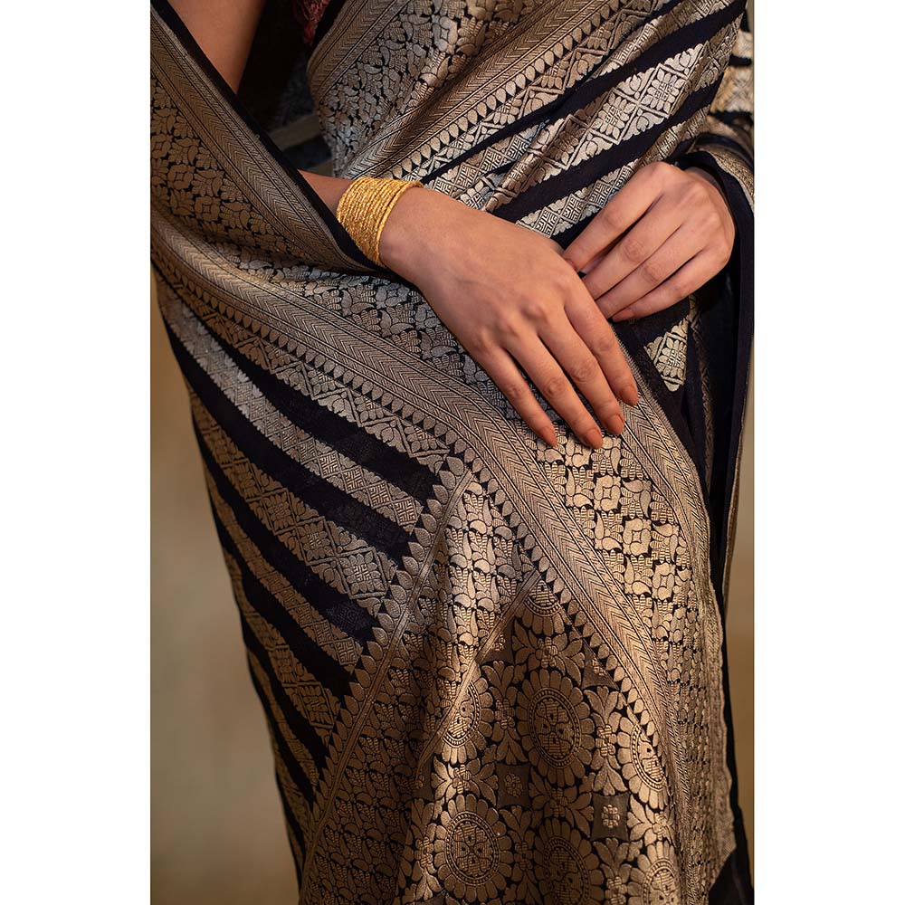 PRIYANKA RAAJIV Chaitra Navy Blue Silk Banarasi Saree with Unstitched Blouse