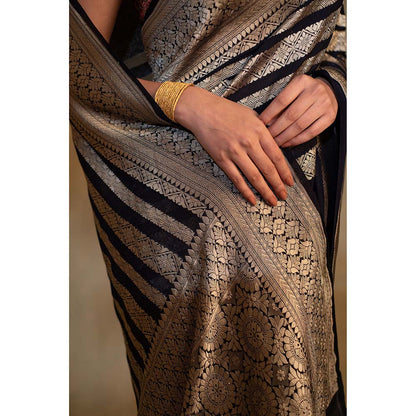 PRIYANKA RAAJIV Chaitra Navy Blue Silk Banarasi Saree with Unstitched Blouse