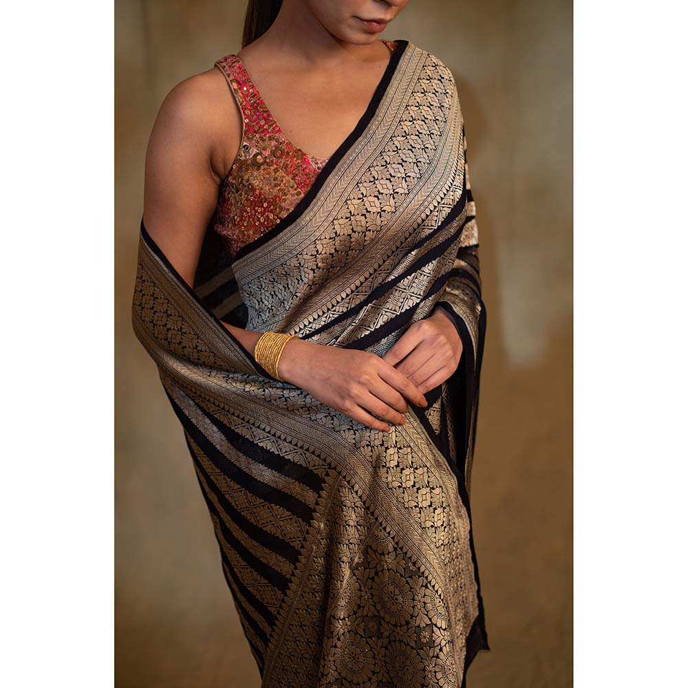 PRIYANKA RAAJIV Chaitra Navy Blue Silk Banarasi Saree with Unstitched Blouse