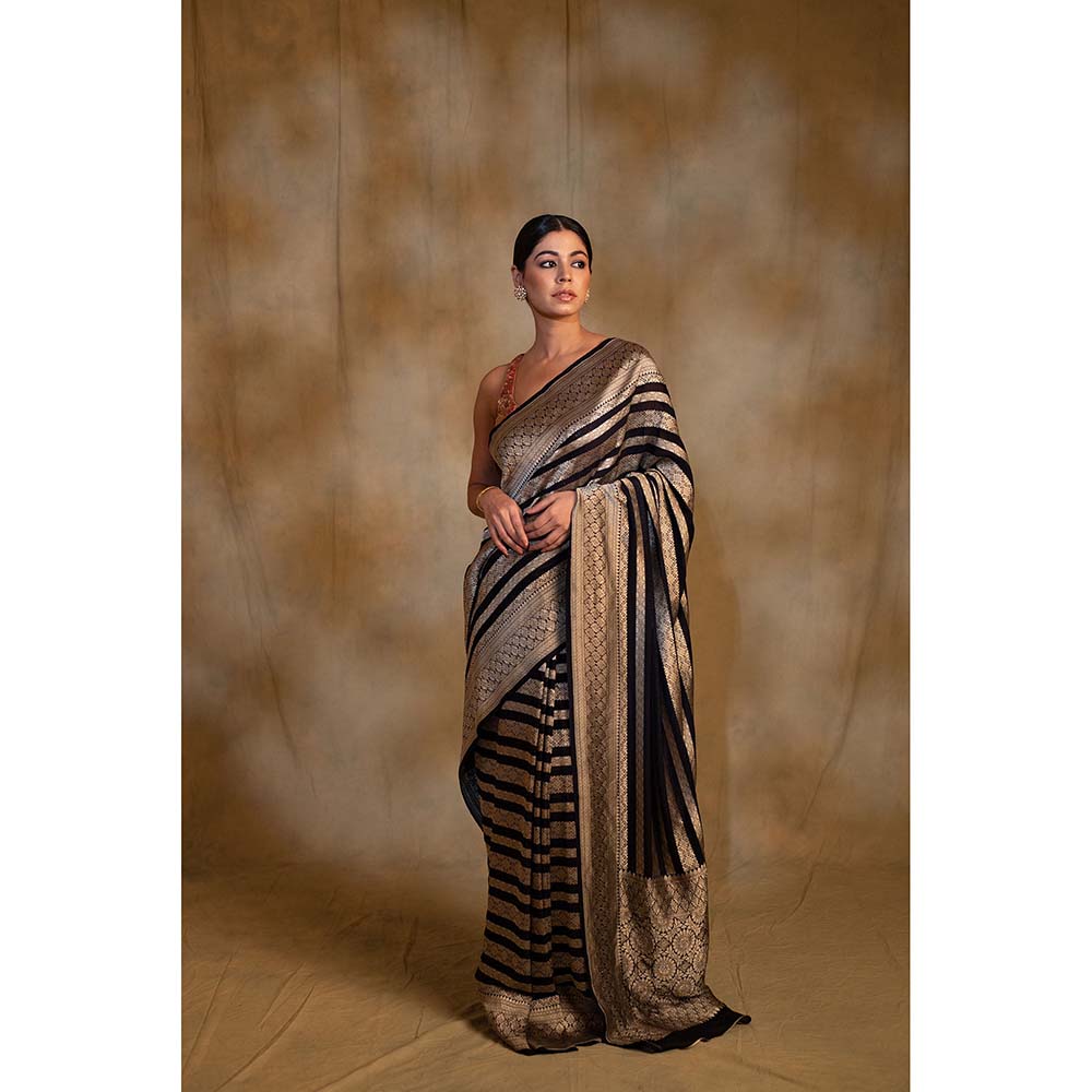 PRIYANKA RAAJIV Chaitra Navy Blue Silk Banarasi Saree with Unstitched Blouse