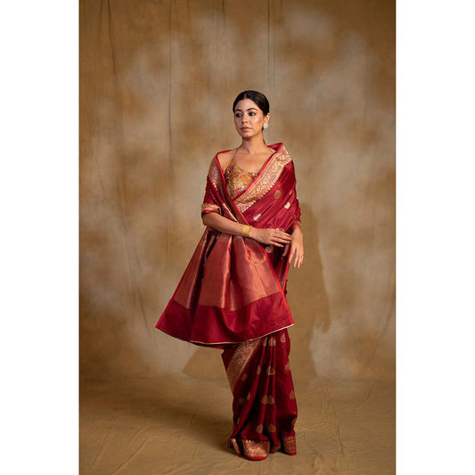 PRIYANKA RAAJIV Arshiya Maroon Silk Brocade Banarasi Saree with Unstitched Blouse