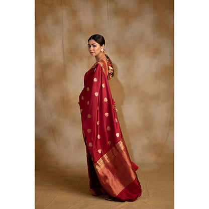PRIYANKA RAAJIV Arshiya Maroon Silk Brocade Banarasi Saree with Unstitched Blouse