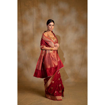 PRIYANKA RAAJIV Arshiya Maroon Silk Brocade Banarasi Saree with Unstitched Blouse