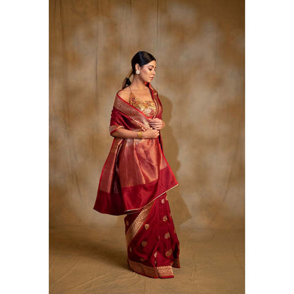 PRIYANKA RAAJIV Arshiya Maroon Silk Brocade Banarasi Saree with Unstitched Blouse