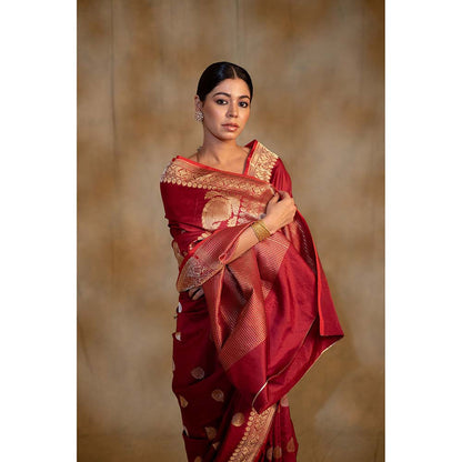 PRIYANKA RAAJIV Arshiya Maroon Silk Brocade Banarasi Saree with Unstitched Blouse