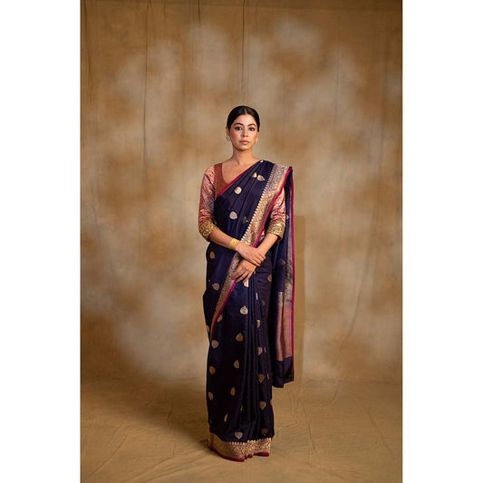 PRIYANKA RAAJIV Arshiya Navy Blue Silk Brocade Saree with Unstitched Blouse