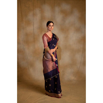 PRIYANKA RAAJIV Arshiya Navy Blue Silk Brocade Saree with Unstitched Blouse
