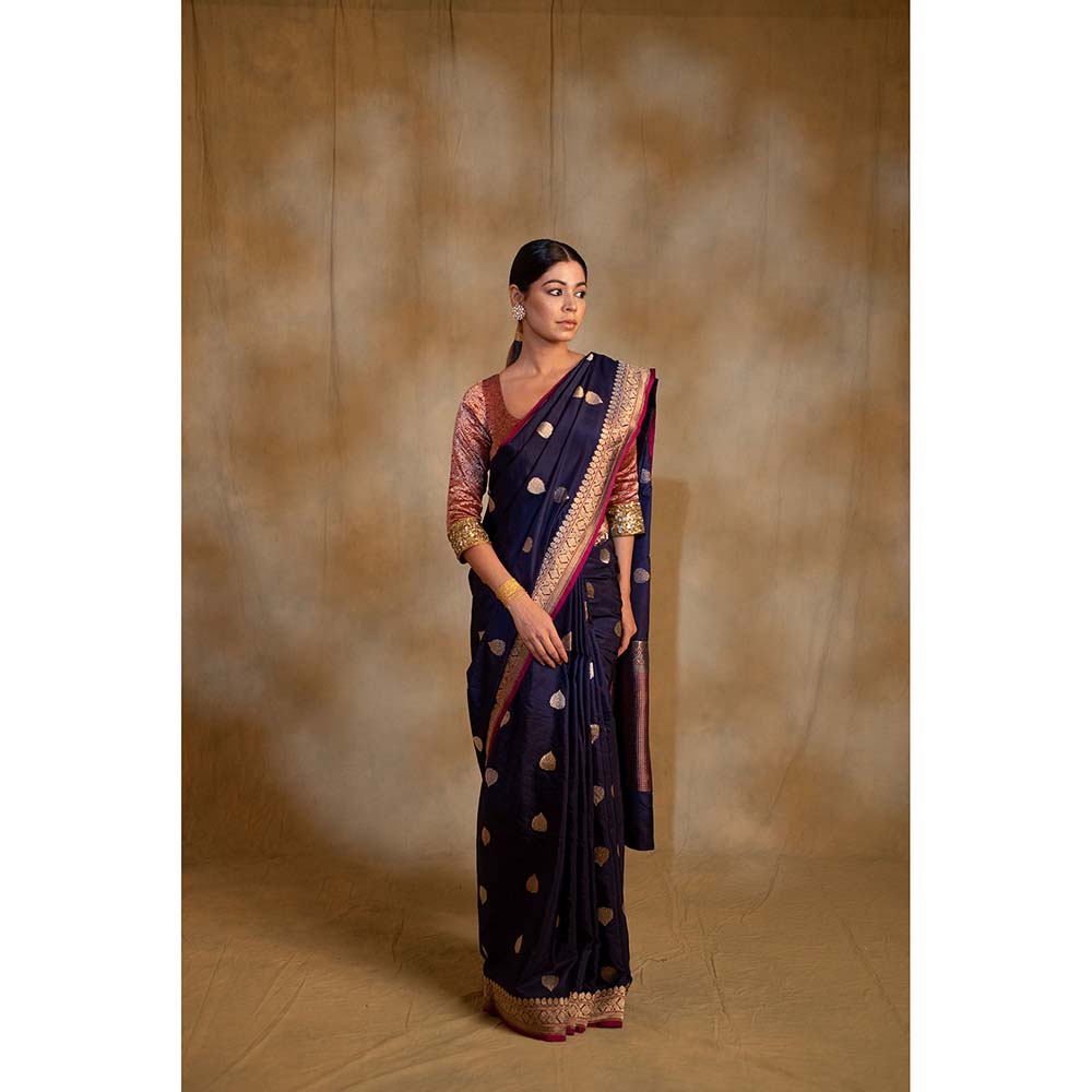 PRIYANKA RAAJIV Arshiya Navy Blue Silk Brocade Saree with Unstitched Blouse