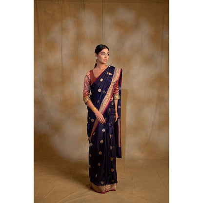 PRIYANKA RAAJIV Arshiya Navy Blue Silk Brocade Saree with Unstitched Blouse