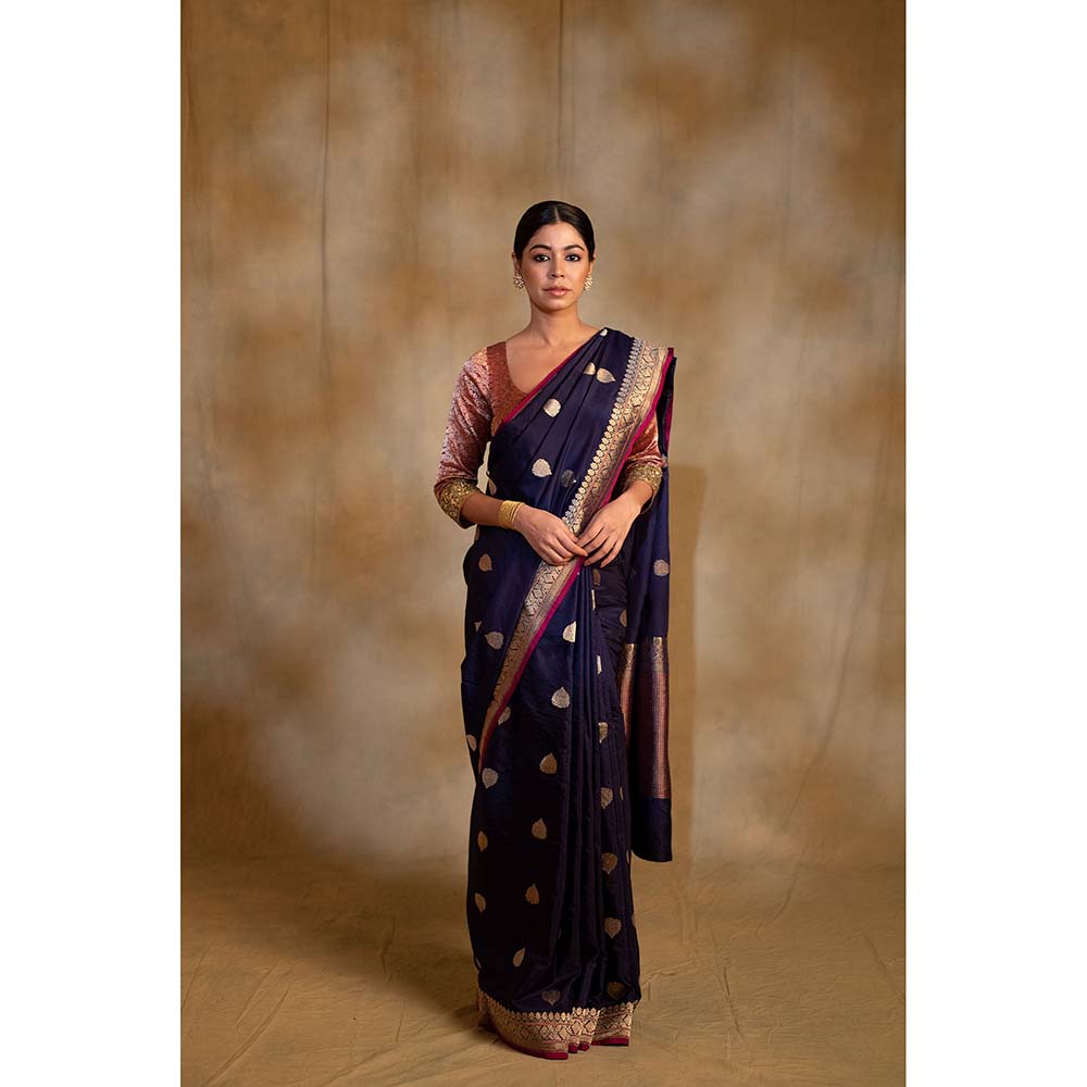PRIYANKA RAAJIV Arshiya Navy Blue Silk Brocade Saree with Unstitched Blouse