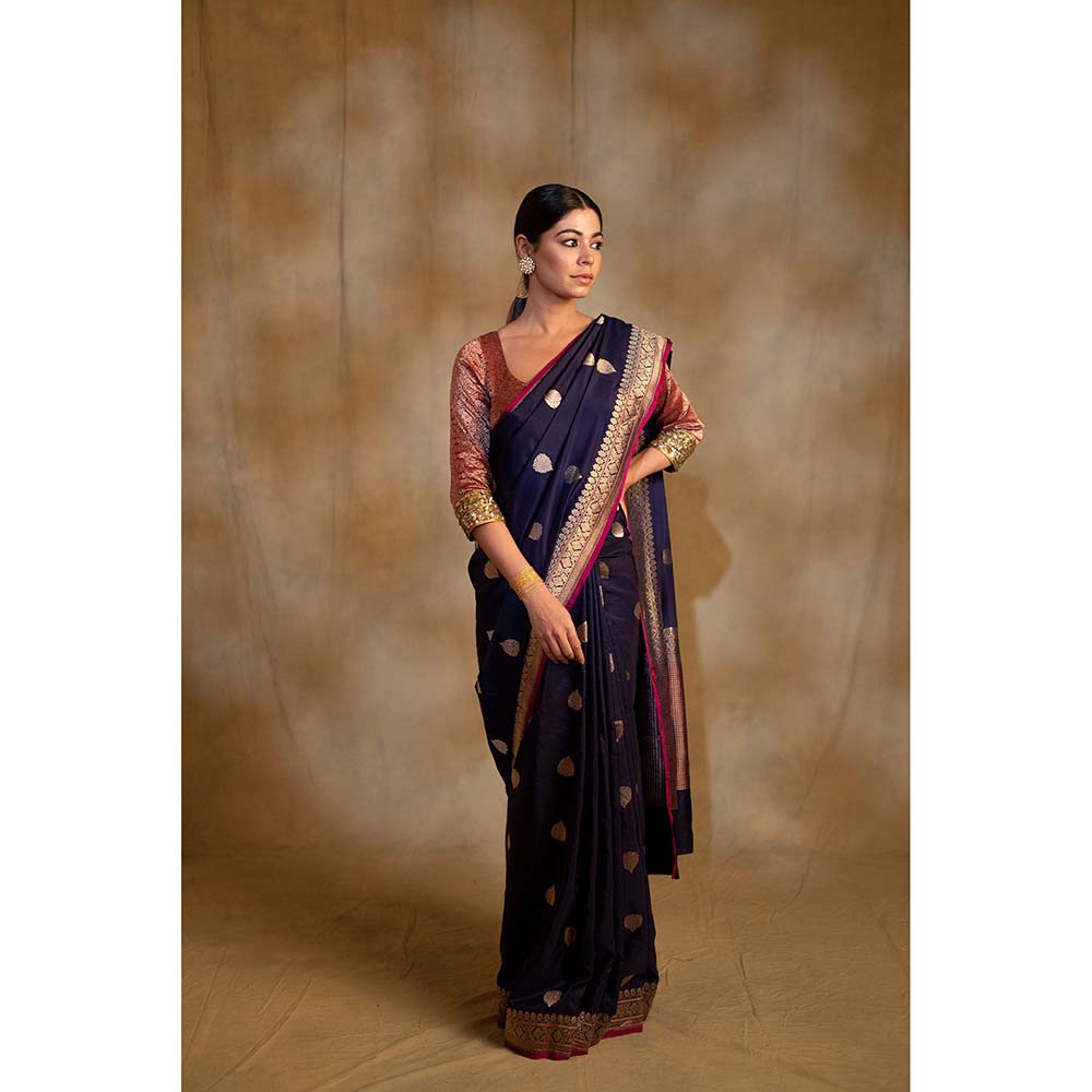 PRIYANKA RAAJIV Arshiya Navy Blue Silk Brocade Saree with Unstitched Blouse