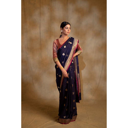 PRIYANKA RAAJIV Arshiya Navy Blue Silk Brocade Saree with Unstitched Blouse