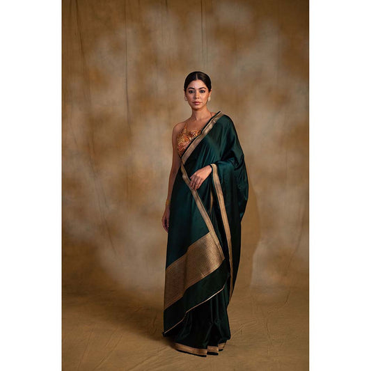 PRIYANKA RAAJIV Jayanti Deep Green Mashru Silk Saree with Unstitched Blouse