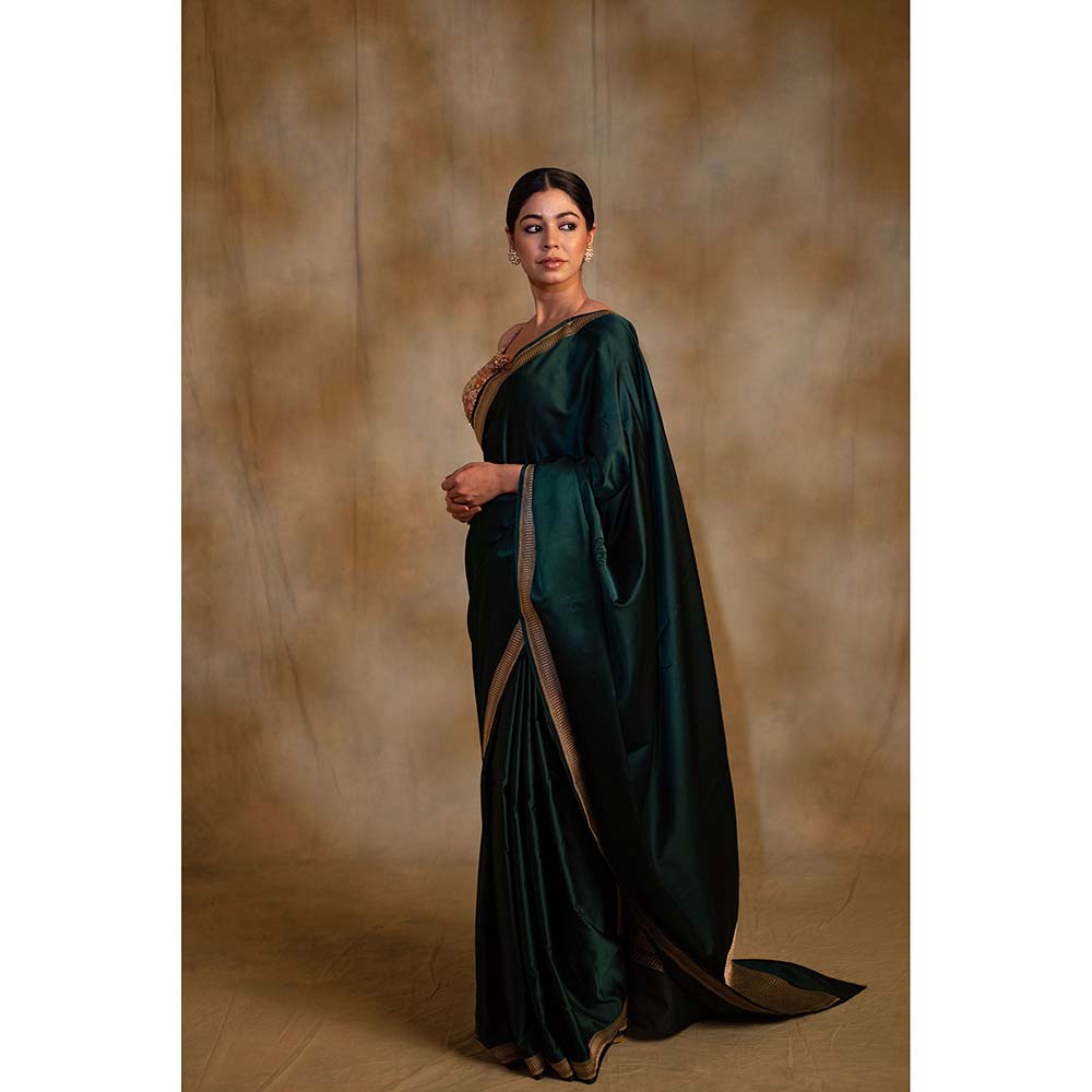 PRIYANKA RAAJIV Jayanti Deep Green Mashru Silk Saree with Unstitched Blouse