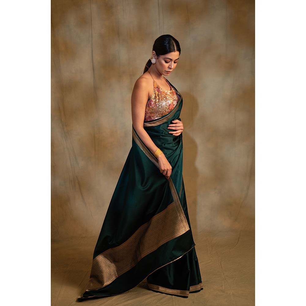 PRIYANKA RAAJIV Jayanti Deep Green Mashru Silk Saree with Unstitched Blouse