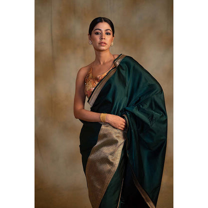 PRIYANKA RAAJIV Jayanti Deep Green Mashru Silk Saree with Unstitched Blouse