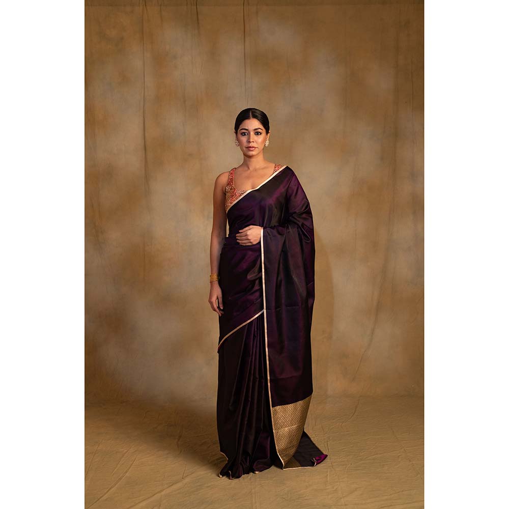PRIYANKA RAAJIV Shashthi Deep Purple Mashru Silk Saree with Unstitched Blouse