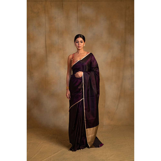 PRIYANKA RAAJIV Shashthi Deep Purple Mashru Silk Saree with Unstitched Blouse
