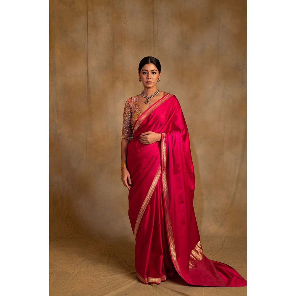 PRIYANKA RAAJIV Navroz Pink Rani Mashru Silk Saree with Unstitched Blouse