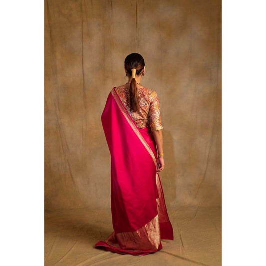 PRIYANKA RAAJIV Navroz Pink Rani Mashru Silk Saree with Unstitched Blouse