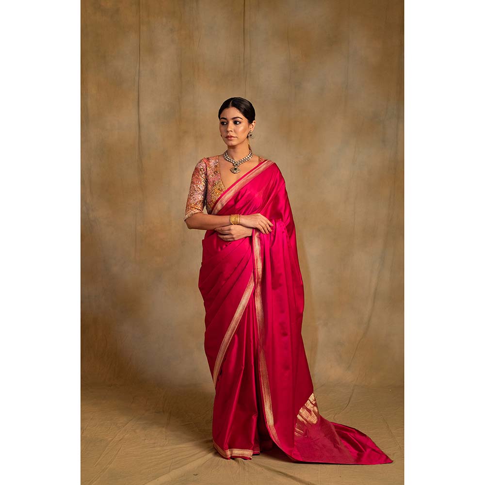PRIYANKA RAAJIV Navroz Pink Rani Mashru Silk Saree with Unstitched Blouse