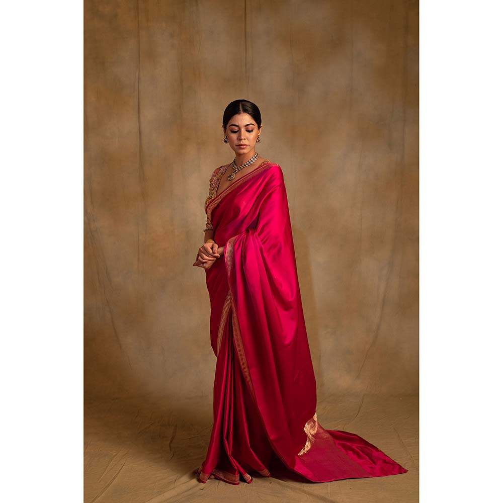 PRIYANKA RAAJIV Navroz Pink Rani Mashru Silk Saree with Unstitched Blouse