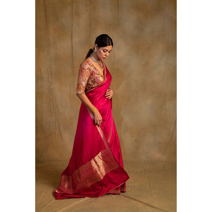 PRIYANKA RAAJIV Navroz Pink Rani Mashru Silk Saree with Unstitched Blouse